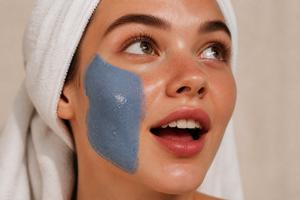 Woman with blue clay face mask — reel content formula