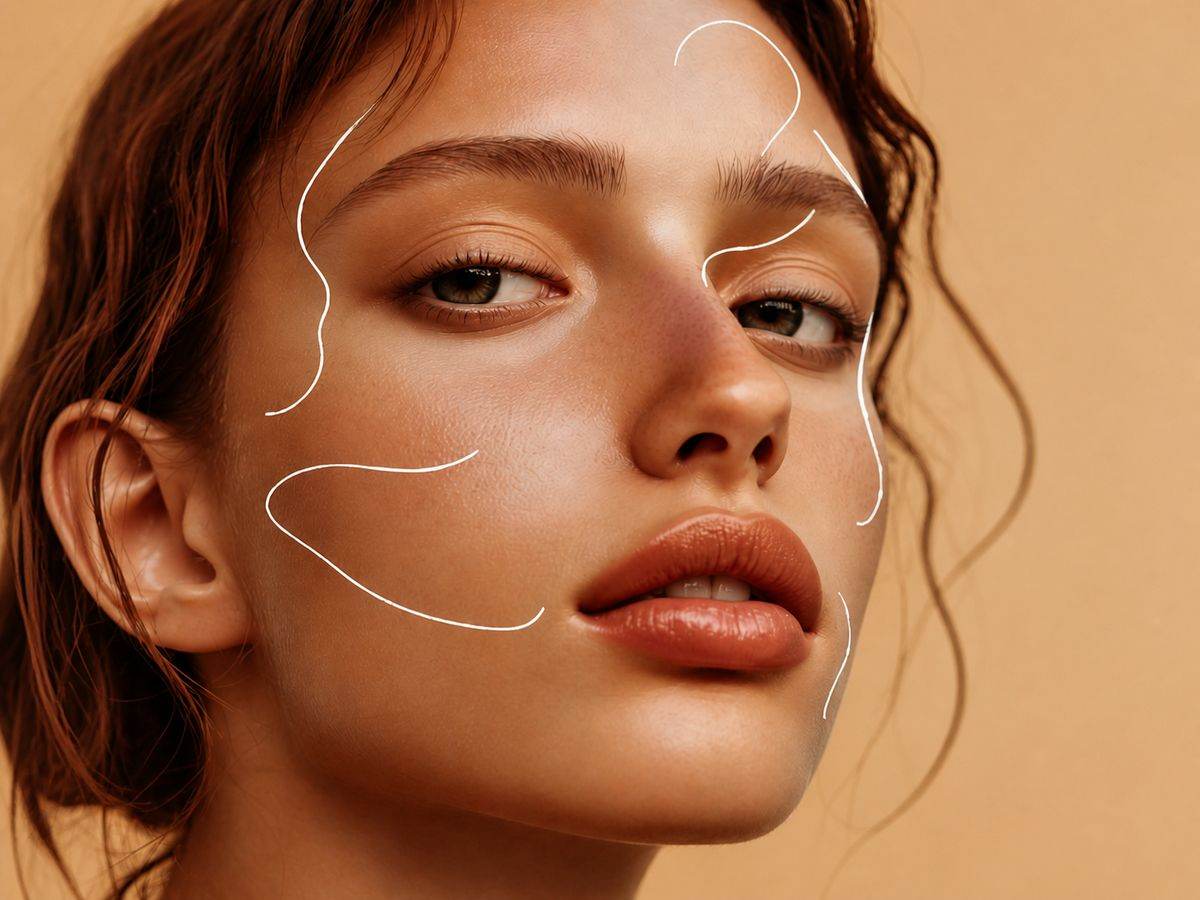 Close-up of glowing skin with artistic contour lines — premium med spa aesthetic
