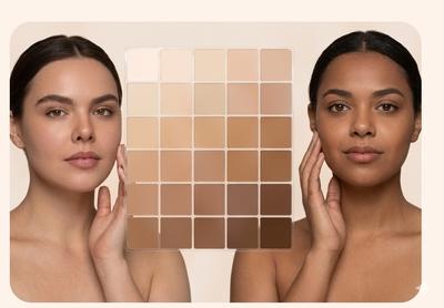 Two women holding foundation shade palette