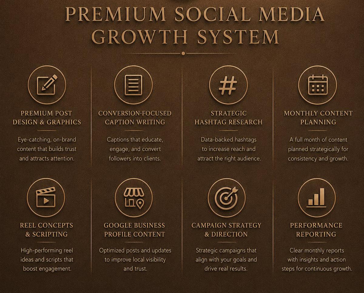 Premium Social Media Growth System — post design, caption writing, hashtag research, content planning, reel scripting, Google Business, campaign strategy, performance reporting